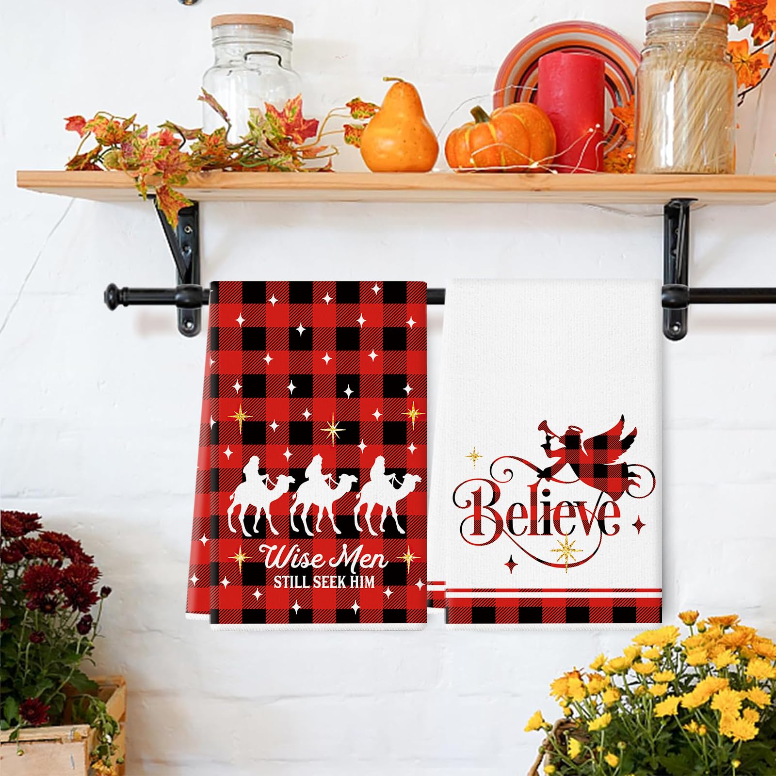 QIONG MENG Jesus holiday kitchen towel shows cheerful nativity scene for seasonal cooking and wiping.