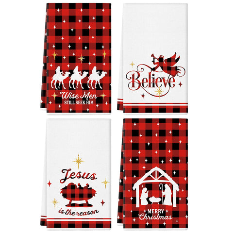 QIONG MENG Jesus nativity kitchen towel with buffalo plaid for festive kitchen decor and quick drying.