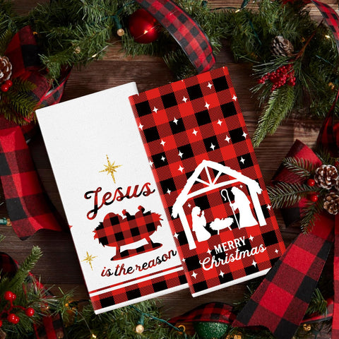 QIONG MENG Jesus buffalo plaid nativity towel adds warmth to your kitchen while staying compact.