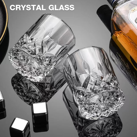 Qipecedm crystal bourbon glasses close-up highlighting heavy base and solid feel.