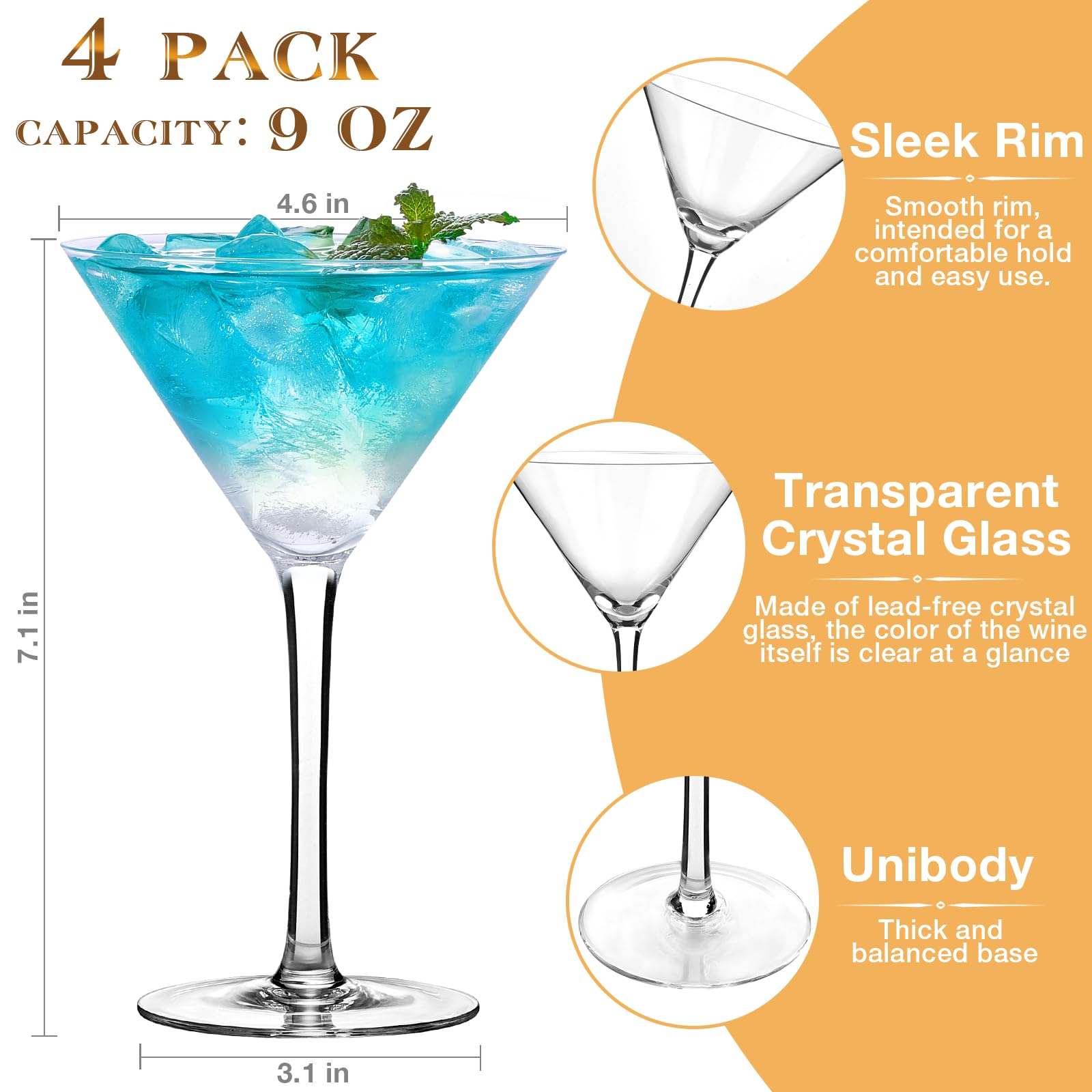 Qipecedm wide-grip martini glasses designed for easy handling.
