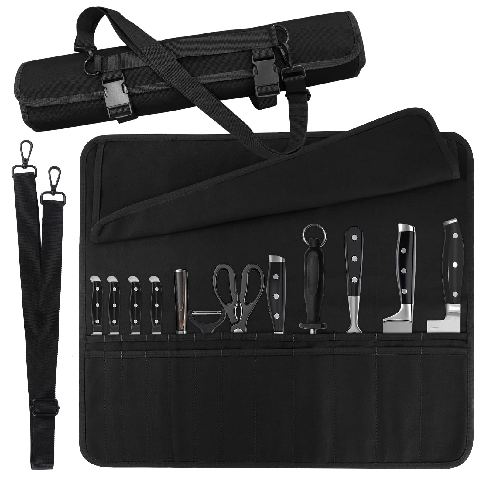QIQU Chef Knife Bag with 24 pockets keeps knives securely organized for travel.