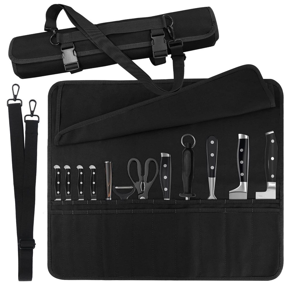 QIQU Chef Knife Bag with 24 pockets keeps knives securely organized for travel.
