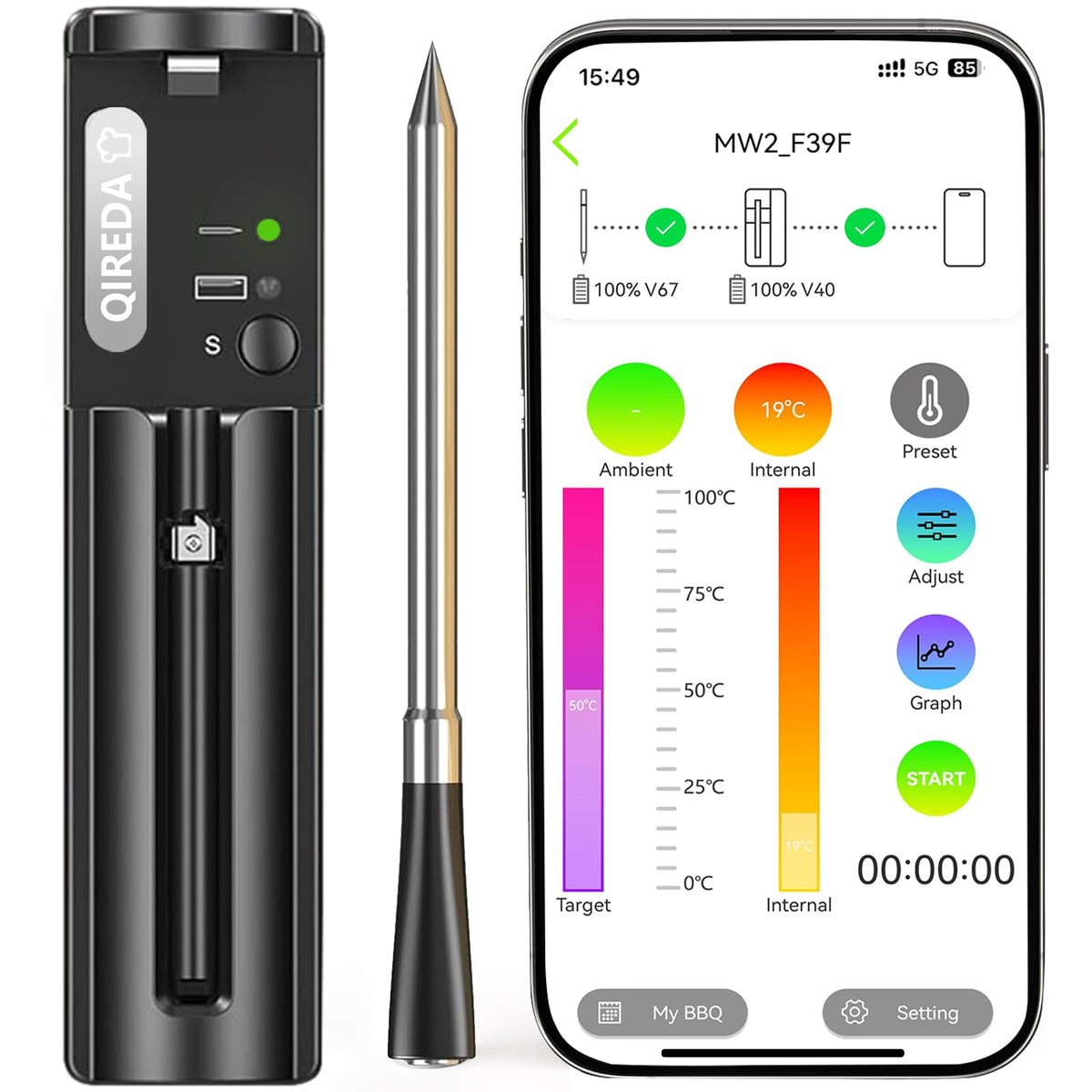 QIREDA wireless meat thermometer device display showing real-time readings