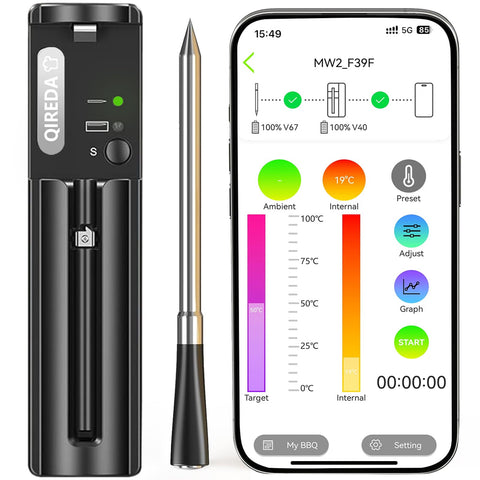 QIREDA wireless meat thermometer device display showing real-time readings