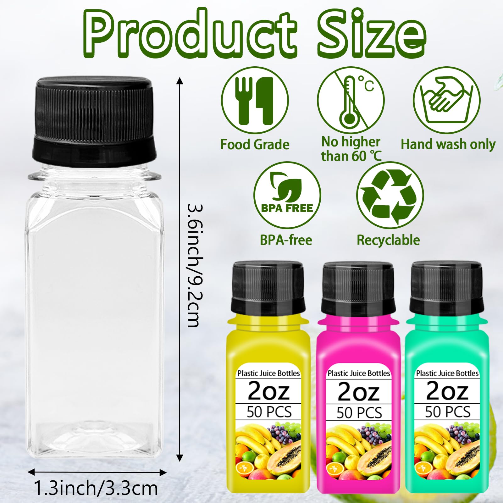 Qiuttnqn 2oz clear plastic juice bottle, perfect for on-the-go portions.