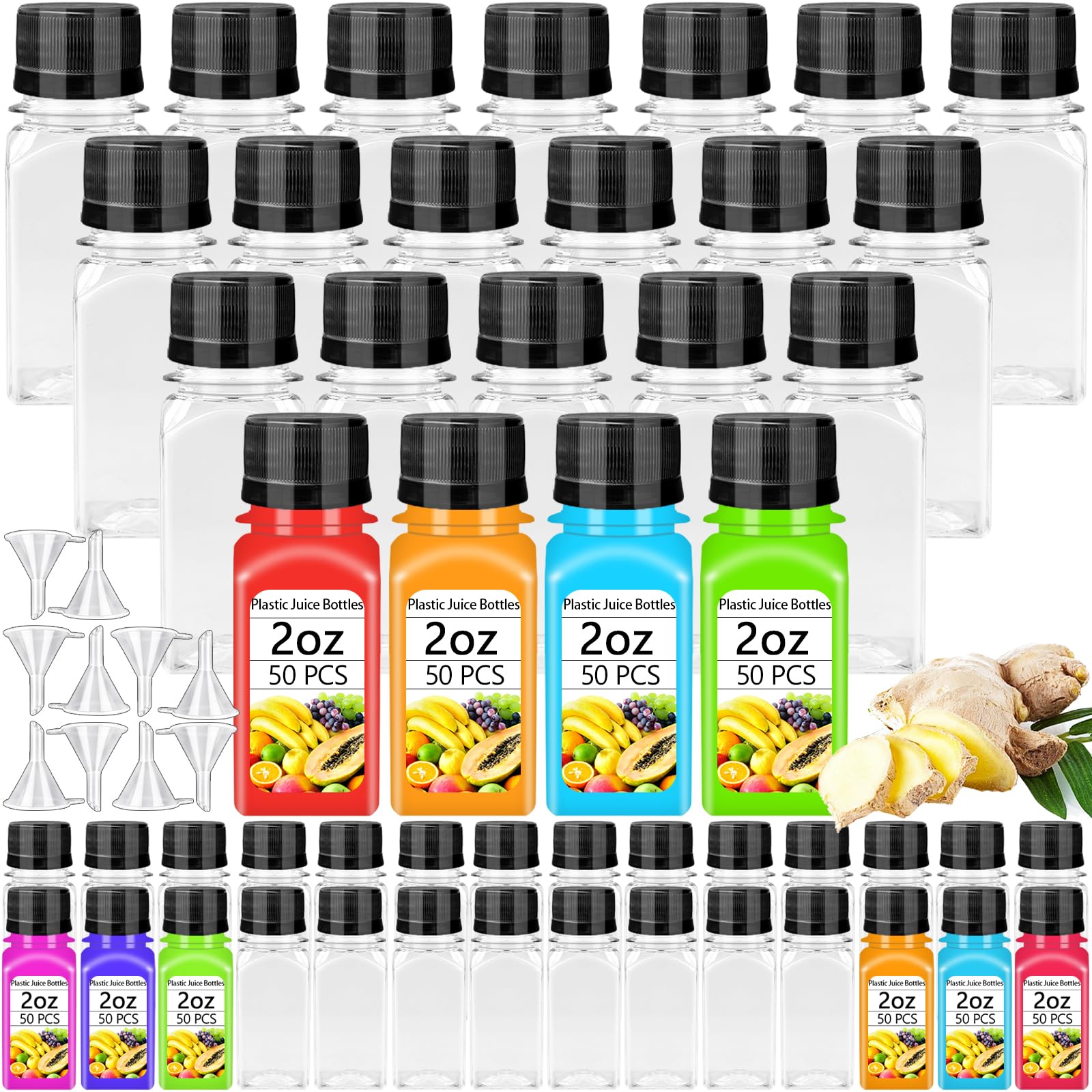 Qiuttnqn 50-pack 2oz shot bottles with caps, ideal for travel and sharing drinks.