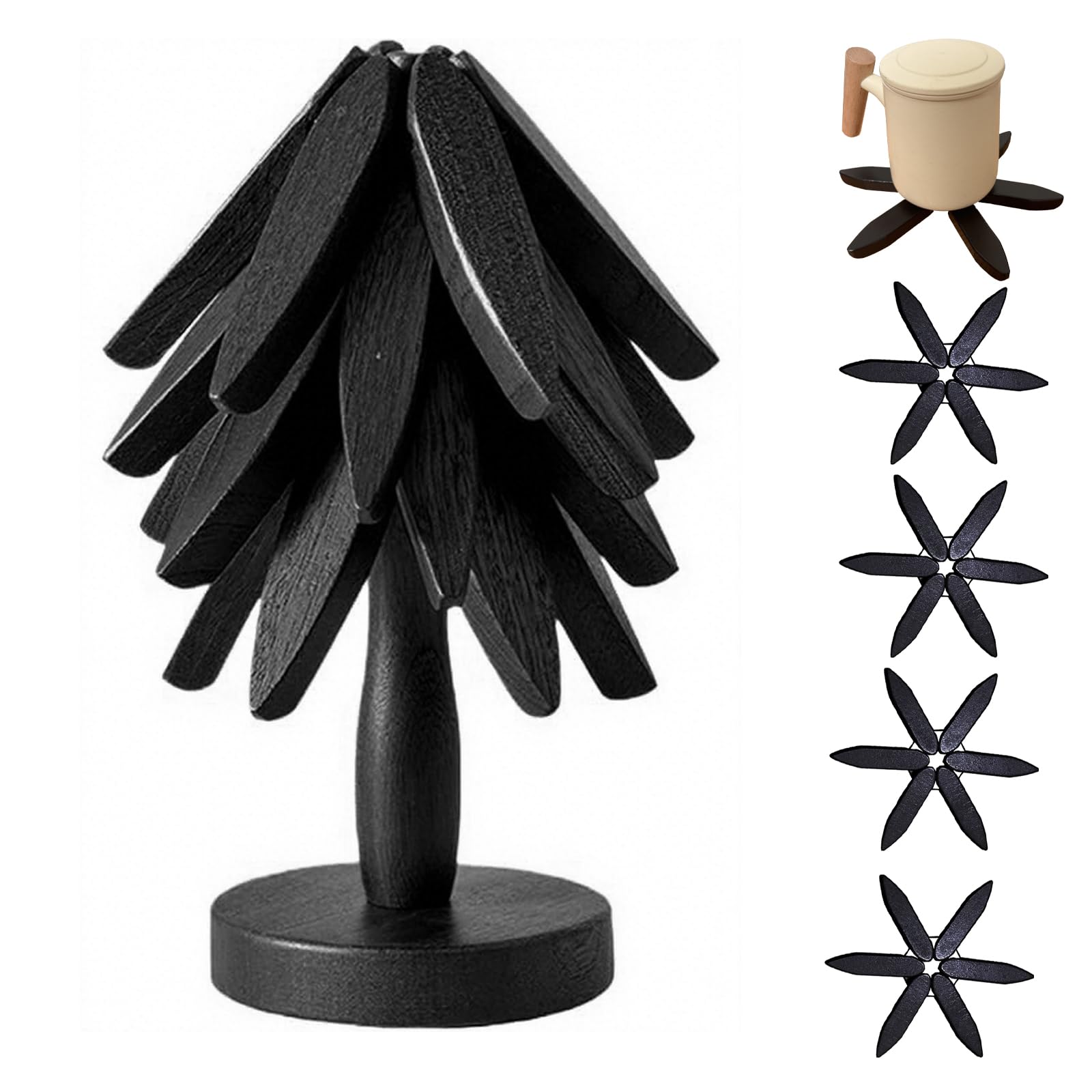 QIYLQE foldable black walnut trivet set on counter protects surfaces from heat
