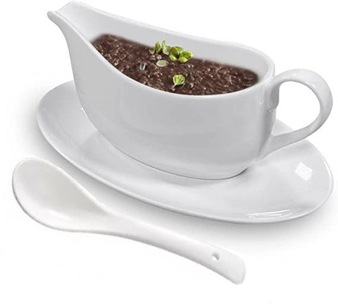 Qlans Gravy Boat with ladle and saucer showing 17oz capacity for smooth sauces