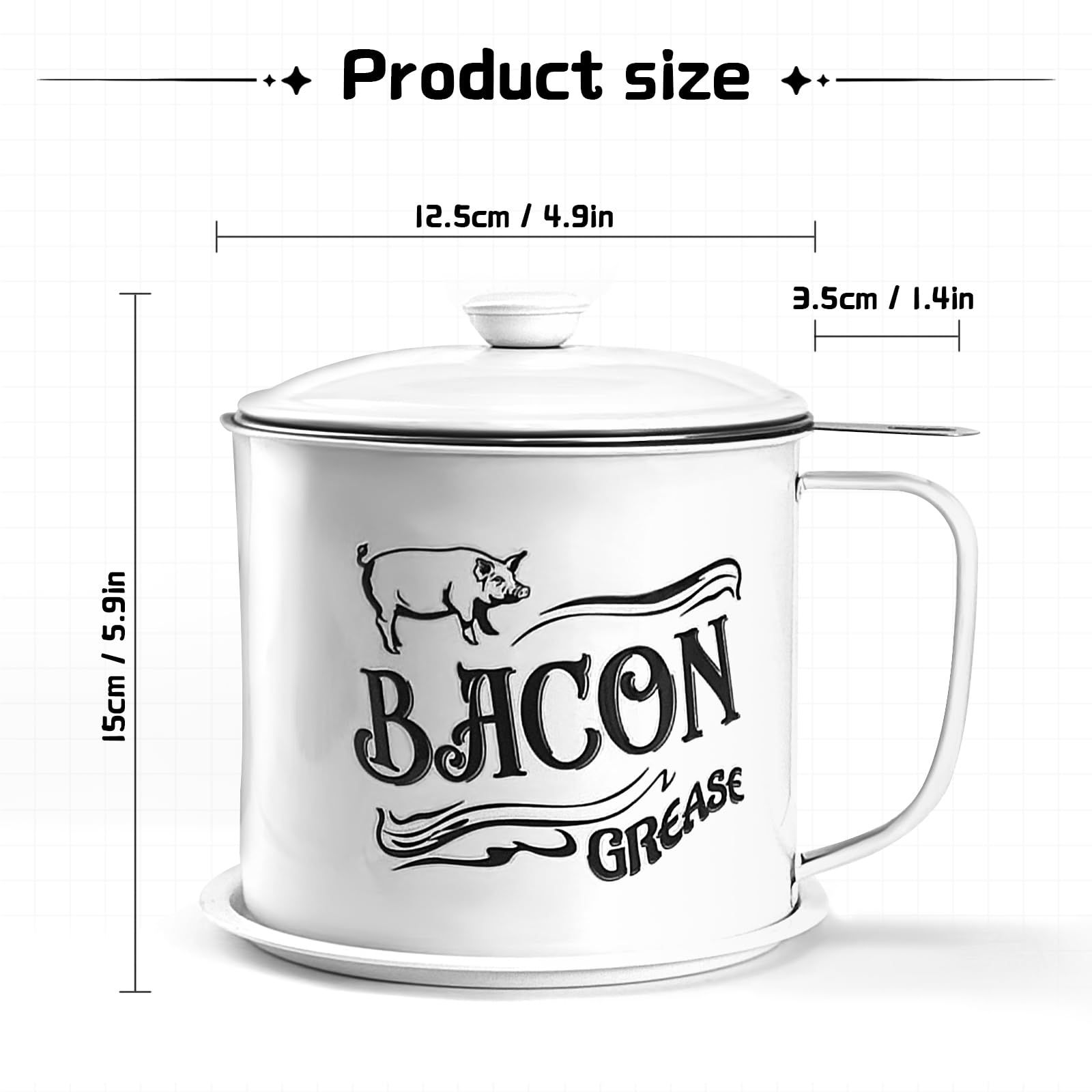 QMET Bacon Grease Saver curved-handle for comfortable pouring.