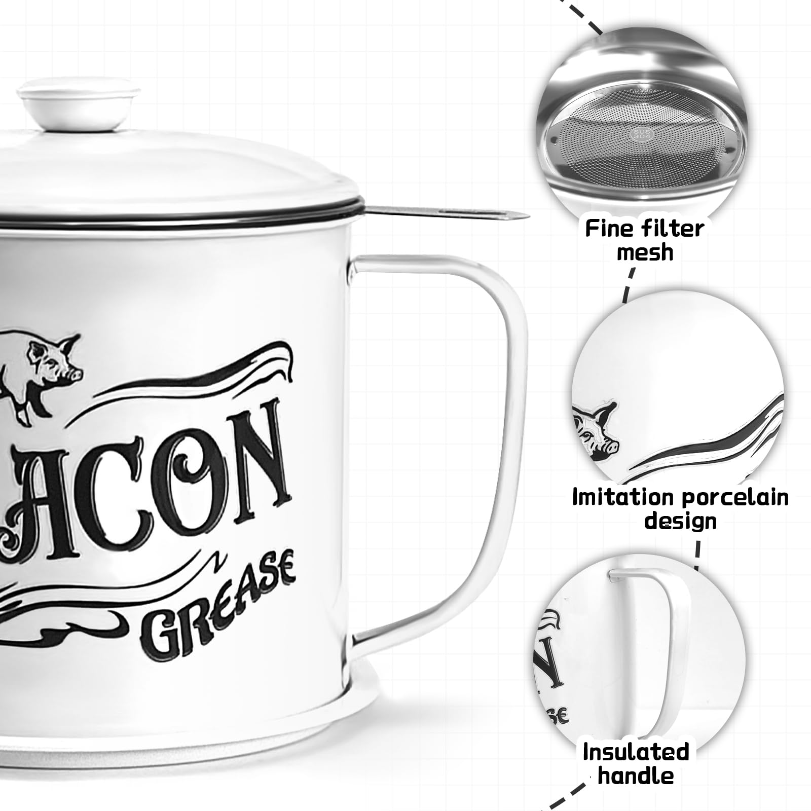 QMET Bacon Grease Saver fine mesh strainer filters impurities.
