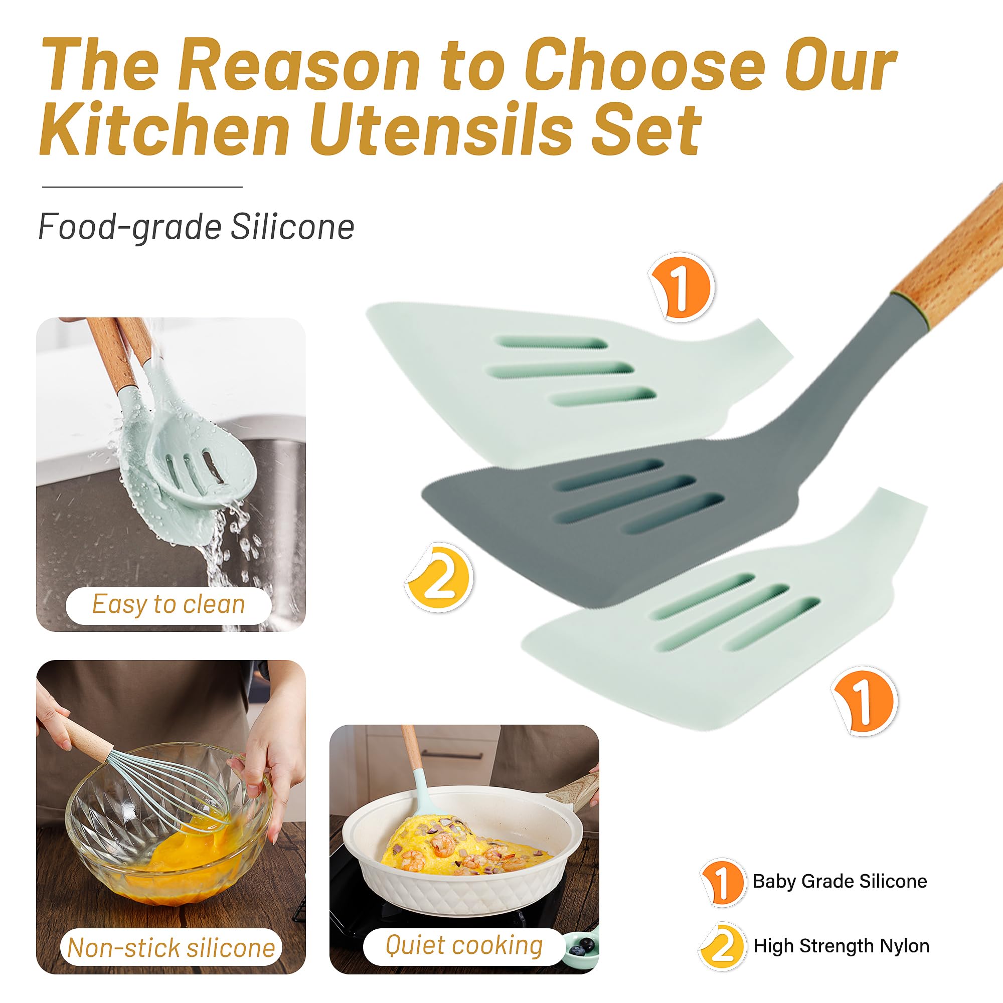 QMVESS silicone utensils set turner protects non-stick pans while flipping