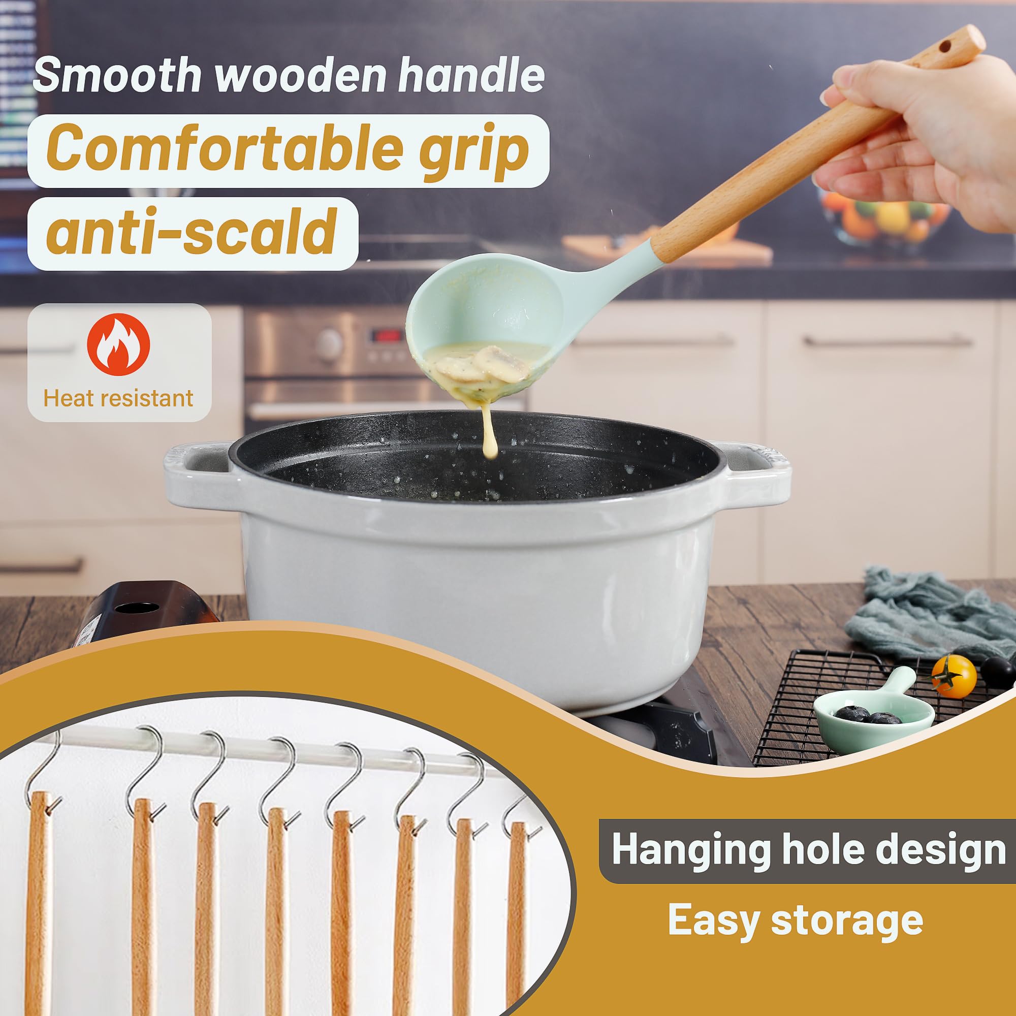 QMVESS silicone utensils set with wooden handles provides comfortable anti-scorch grip