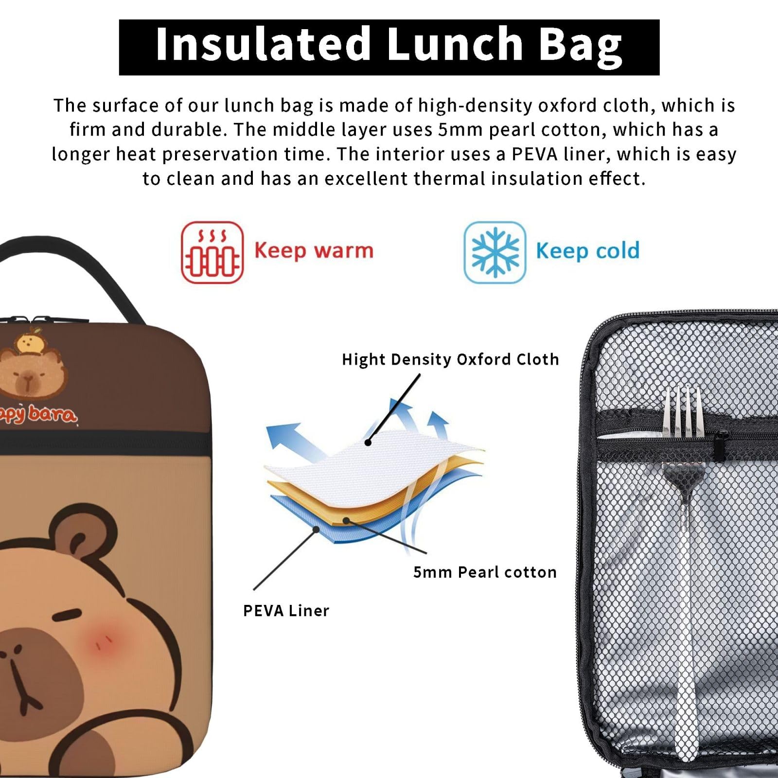 Qodwnep capybara lunch bag portable handle, effortless carrying