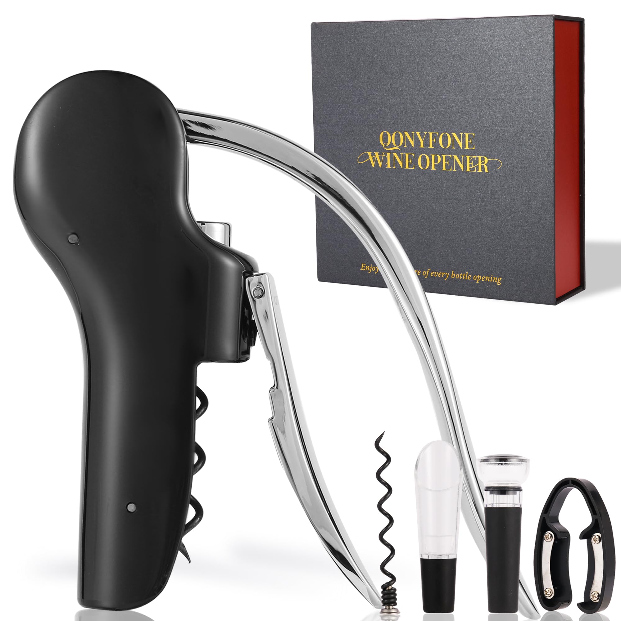 QONYFONE wine corkscrew with vertical lever in use, for easy cork removal.