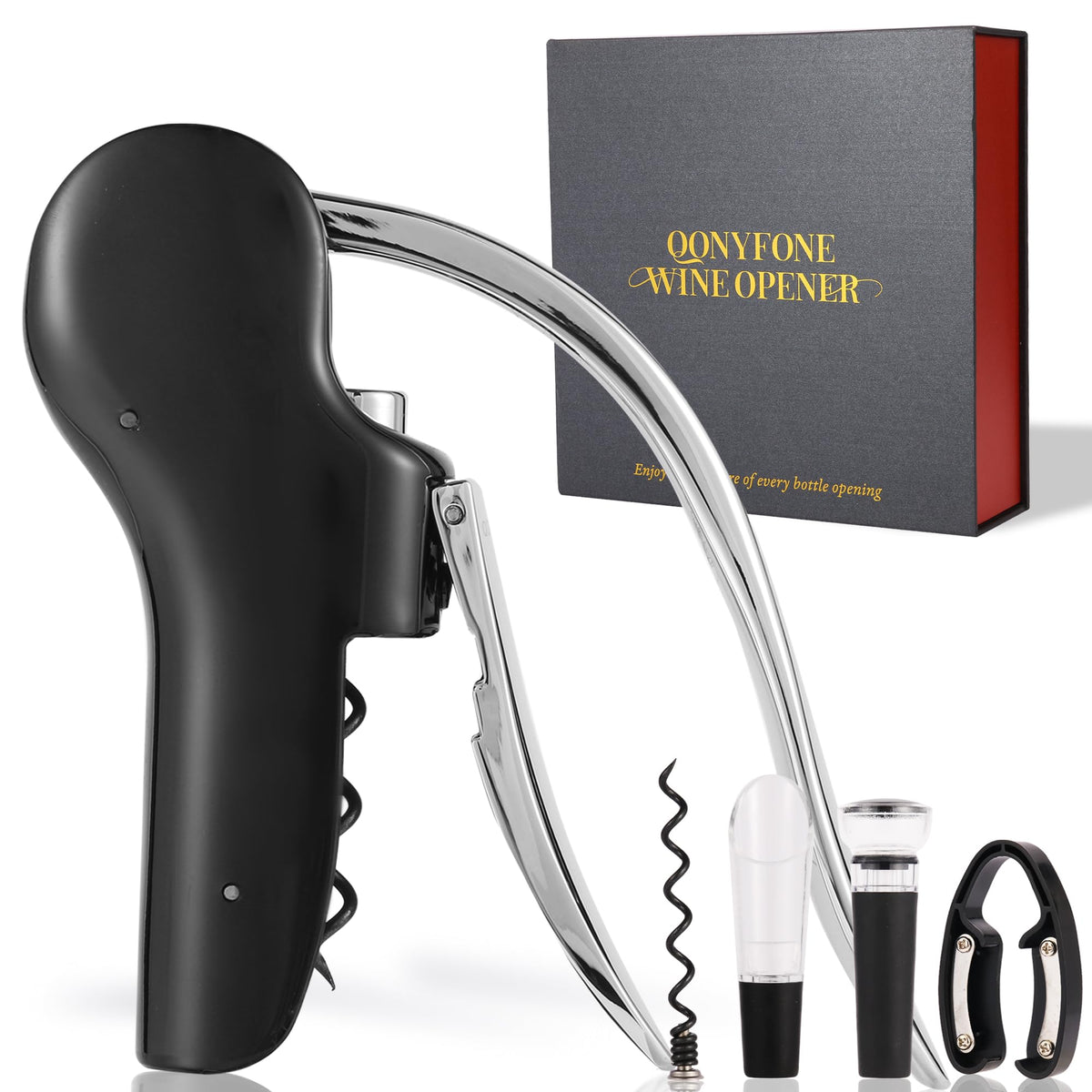 QONYFONE wine corkscrew with vertical lever in use, for easy cork removal.