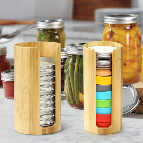 QOOMABA pantry organization in action with organized jars and lids.