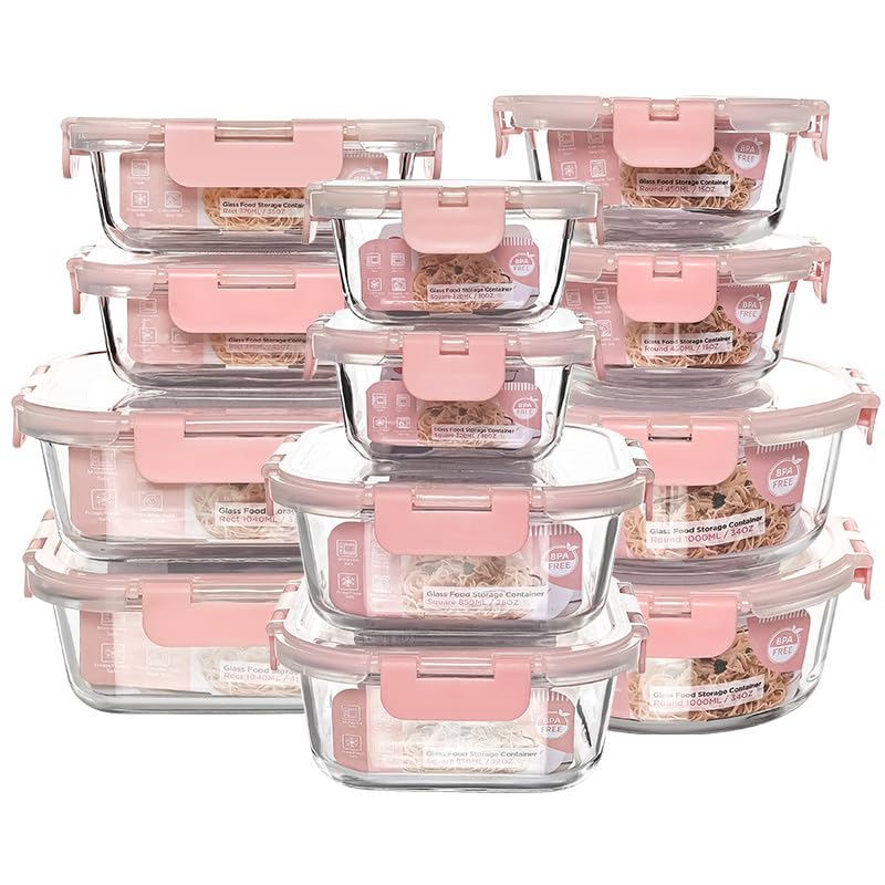 QOWOEO 12-pack glass meal prep containers stacked neatly for organized kitchen storage.