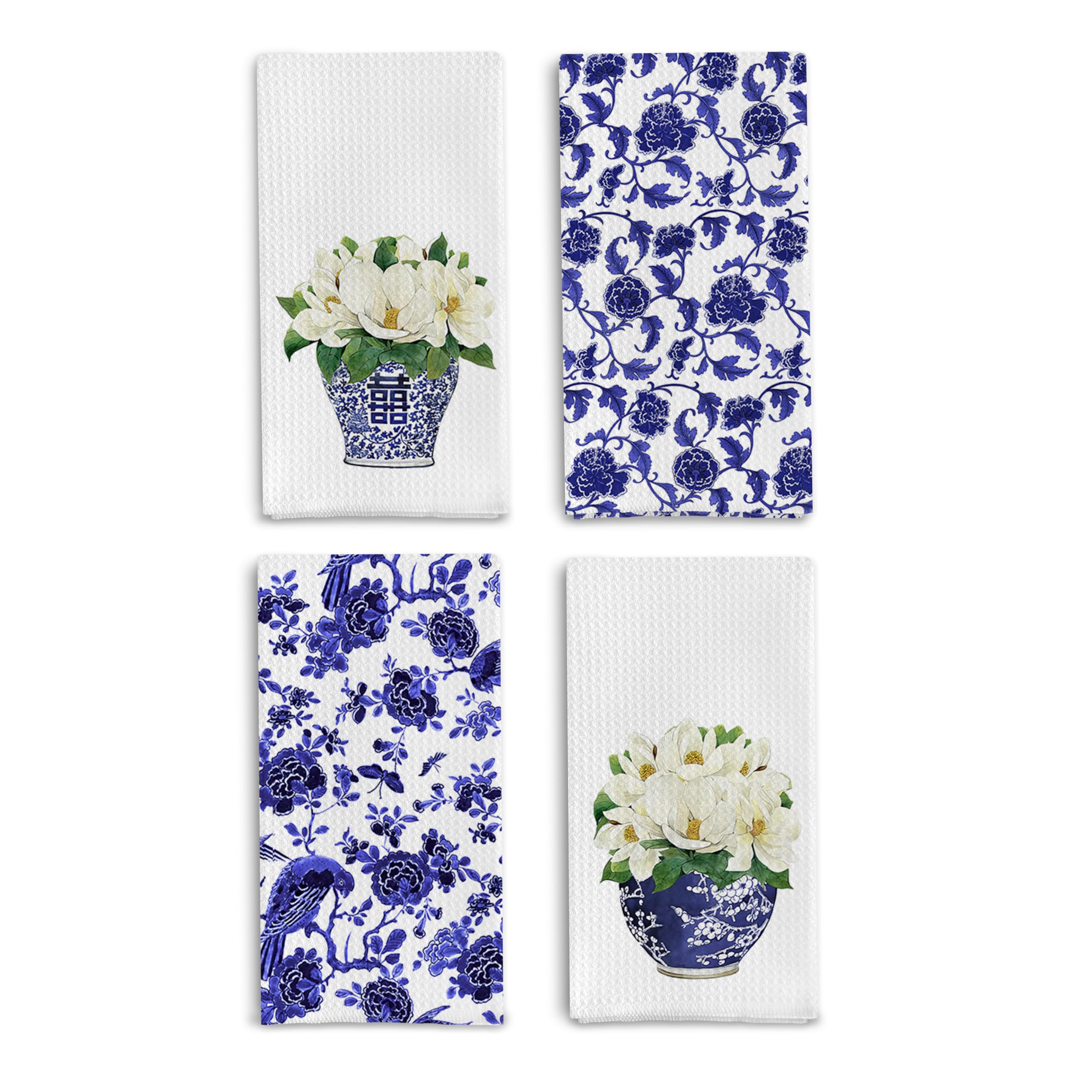 Qpenm blue and white porcelain towels show chinoiserie pattern for elegant kitchen decor.