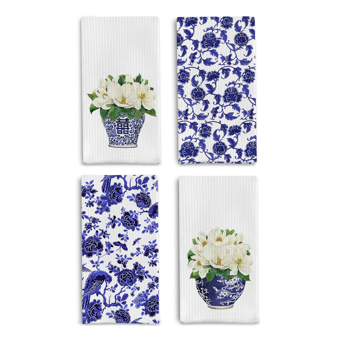Qpenm blue and white porcelain towels show chinoiserie pattern for elegant kitchen decor.