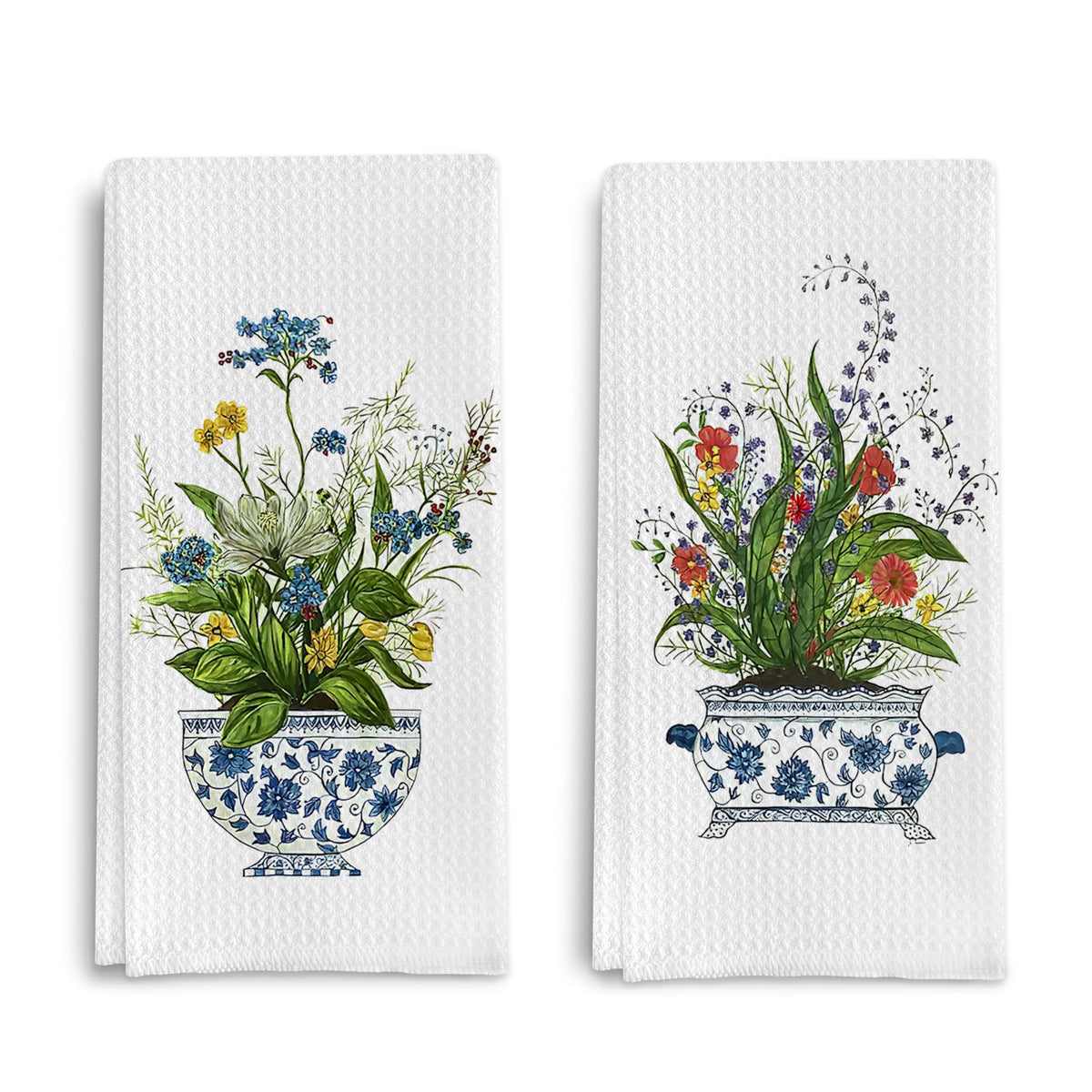 Qpenm Chinoiserie floral kitchen towels set 2 with waffle weave, durable.