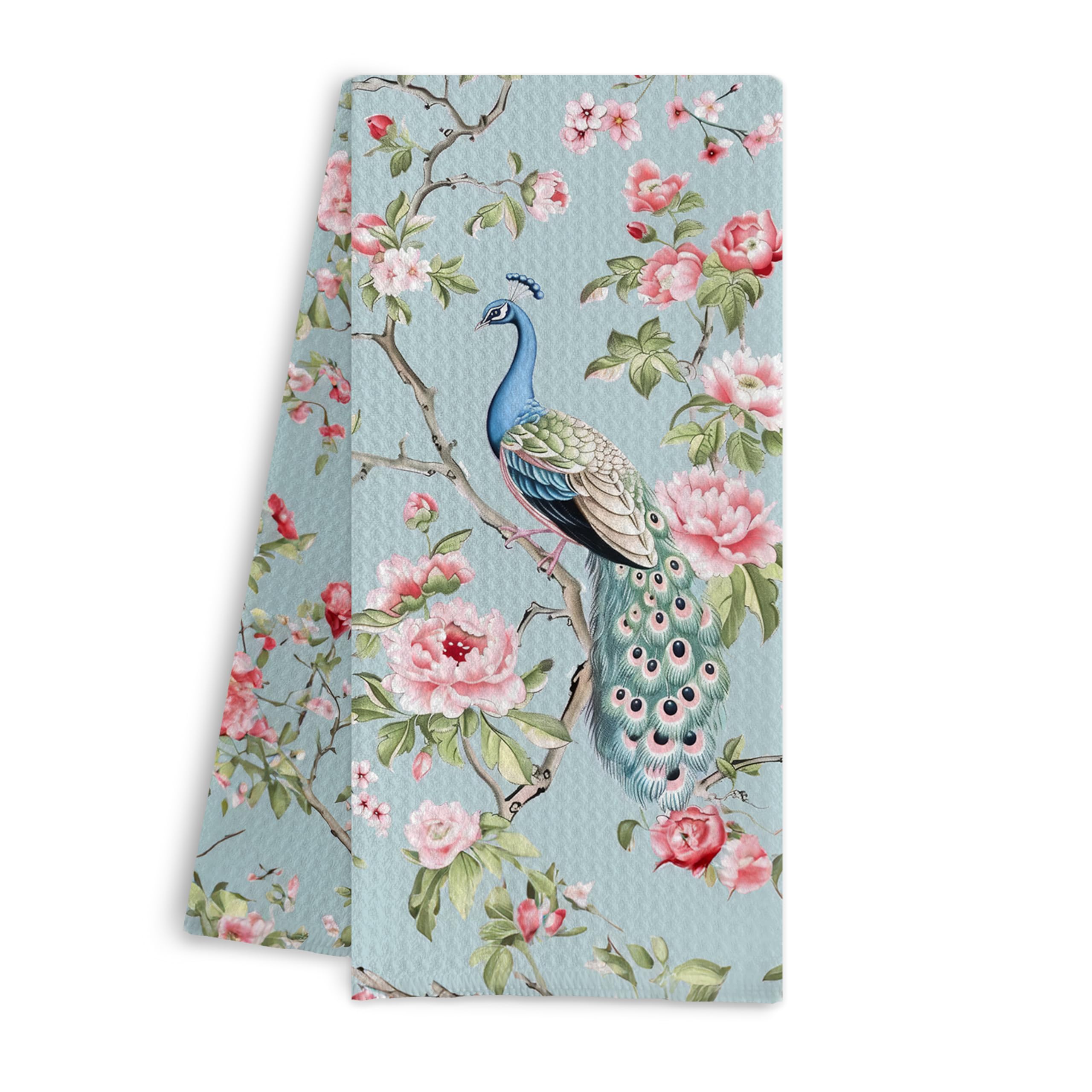 Qpenm chinoiserie floral peacock towel blue flatlay highlighting durable waffle weave for dish drying