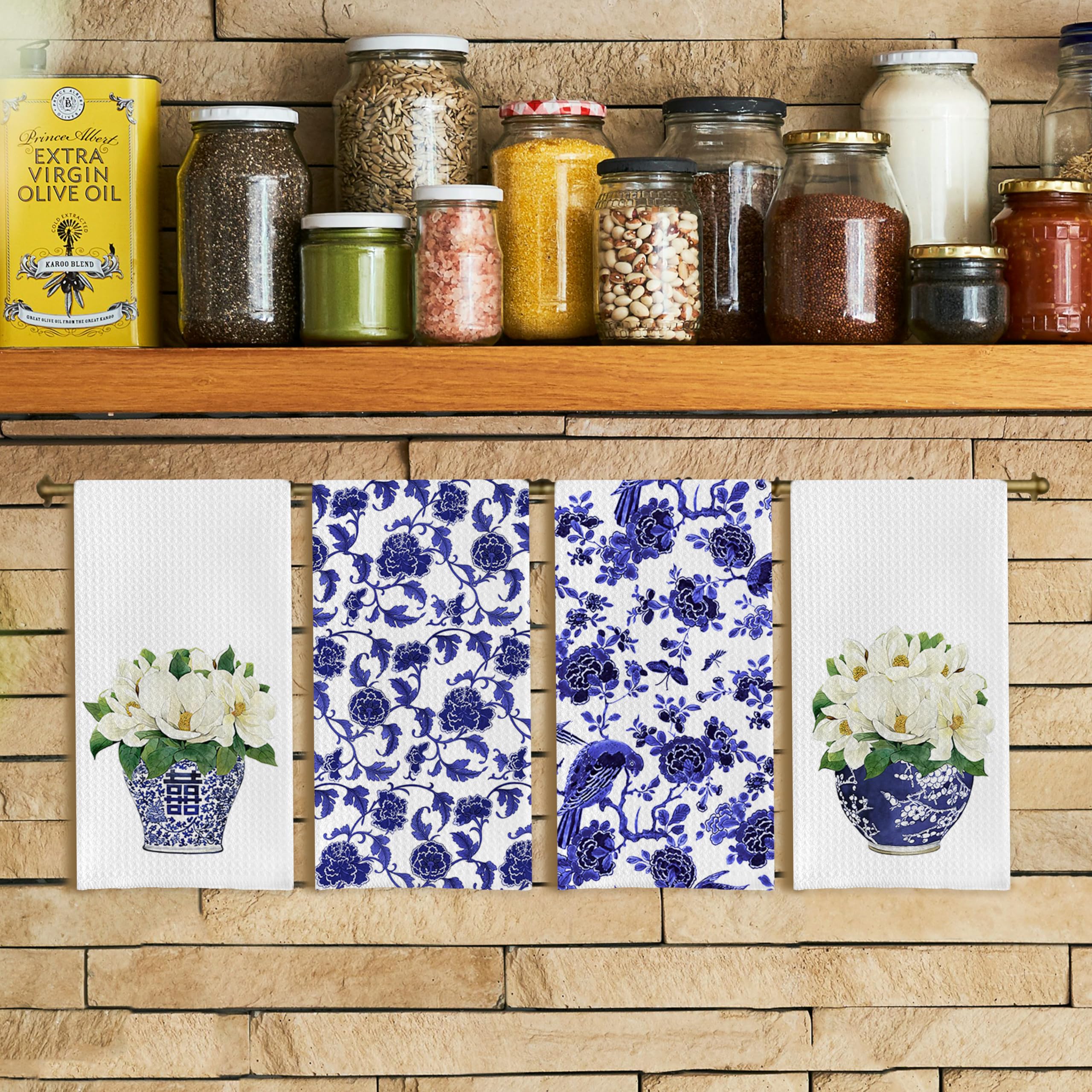 Qpenm chinoiserie pattern towels ideal for quick dish drying without scratching cookware.