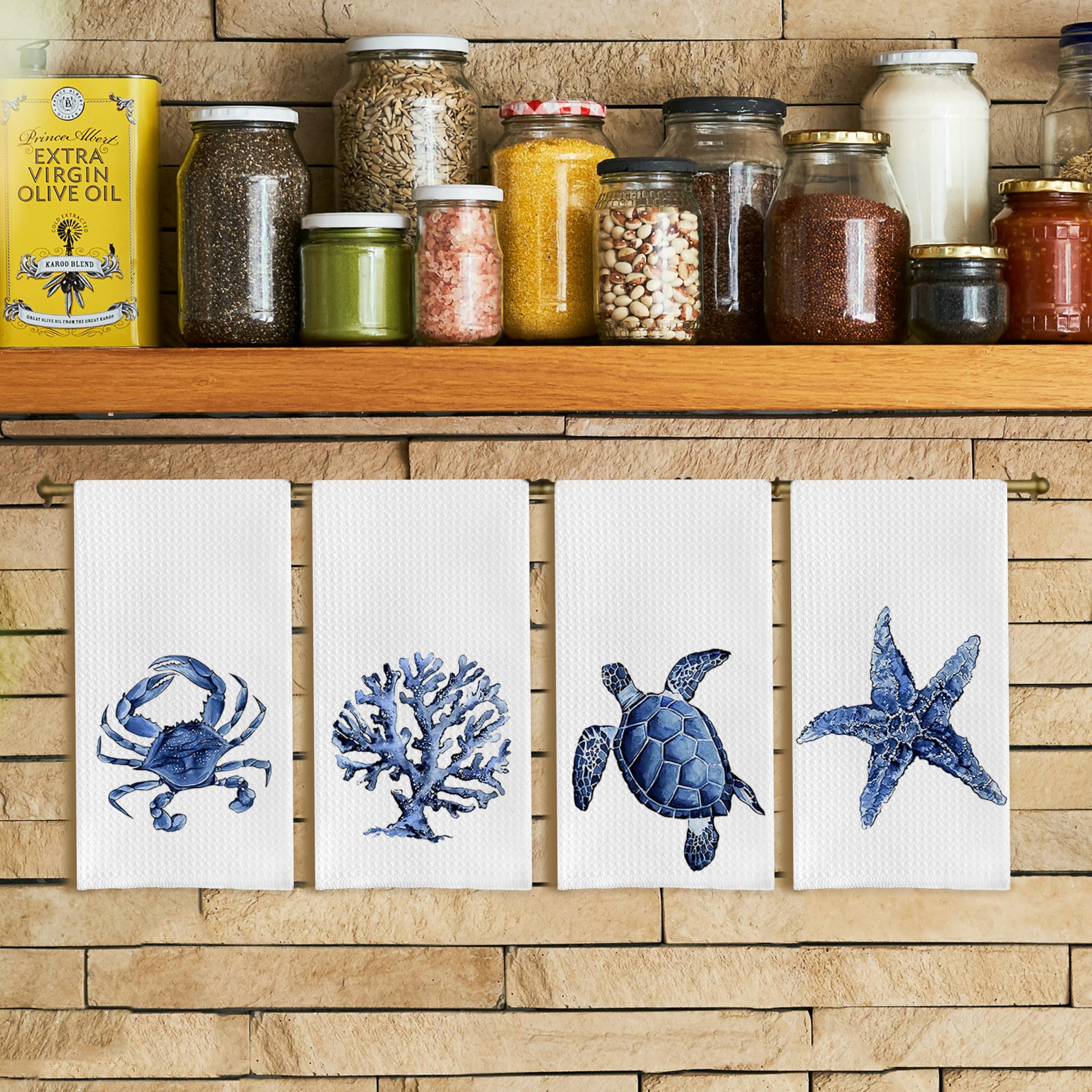 Qpenm coastal kitchen towel coral design adds color and strong absorbency for everyday tasks.