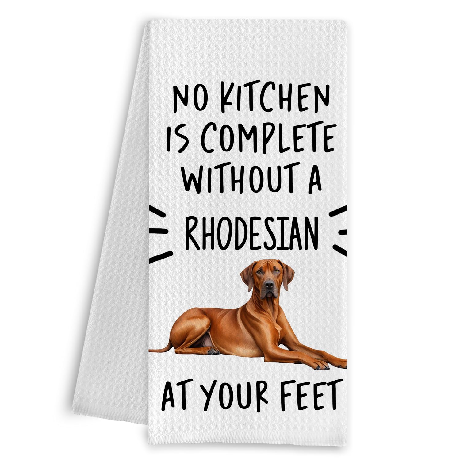 Qpenm Rhodesian Ridgeback kitchen towel with dog motif, durable waffle weave for everyday kitchens.