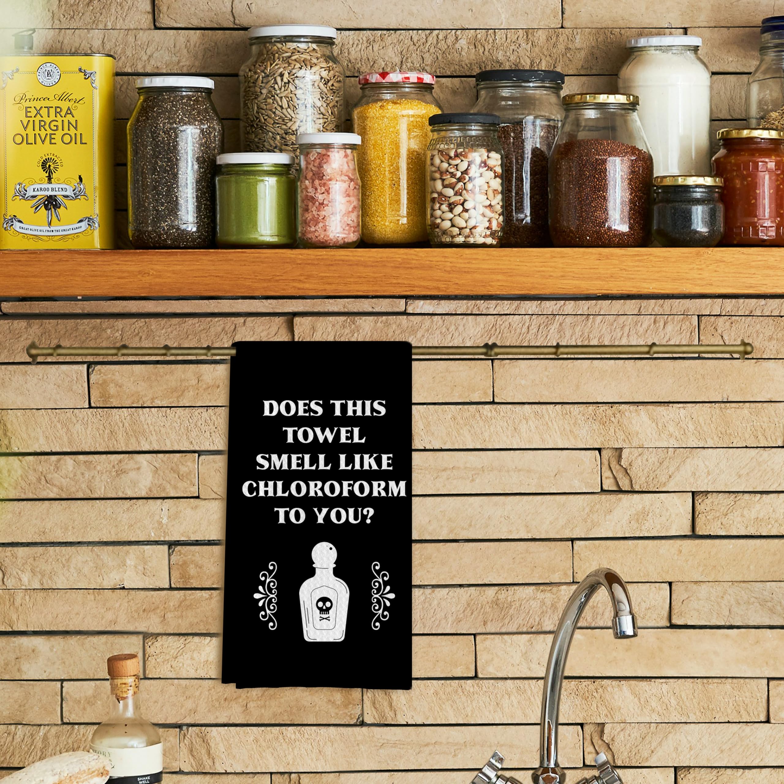 Qpenm Witchy Tea Towel visible texture highlights absorbent, quick-drying action for busy kitchens.