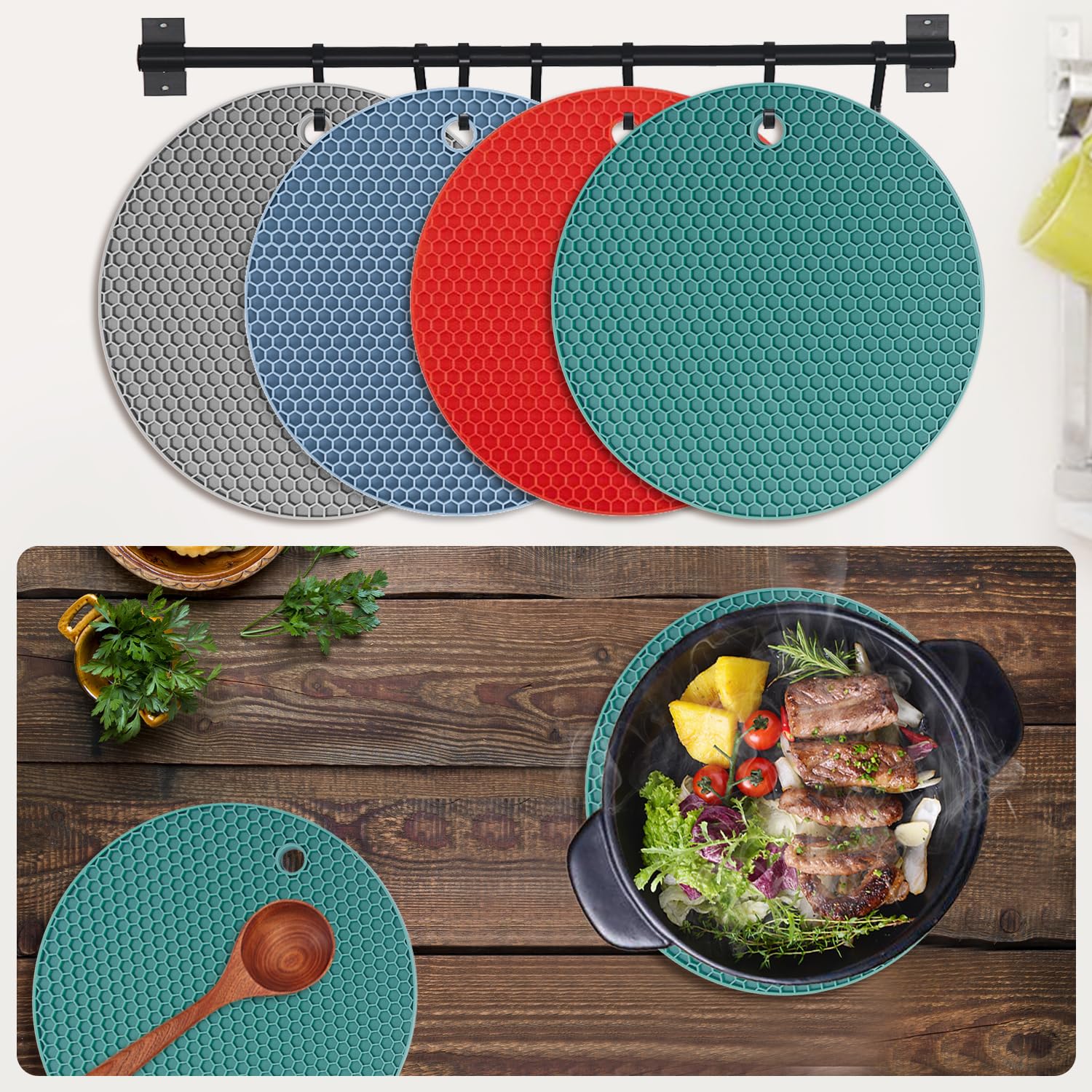 QPIX DIGITAL 4-pack trivets in use, protecting countertops during cooking