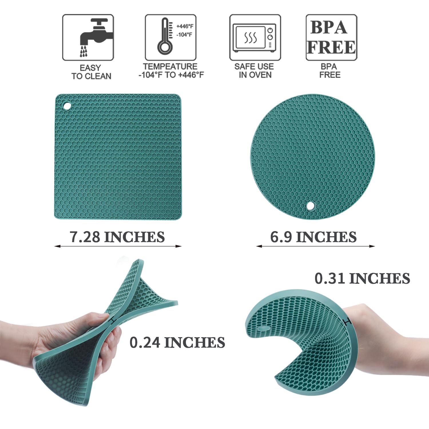 QPIX DIGITAL round and square trivet designs in dark green, gift-ready