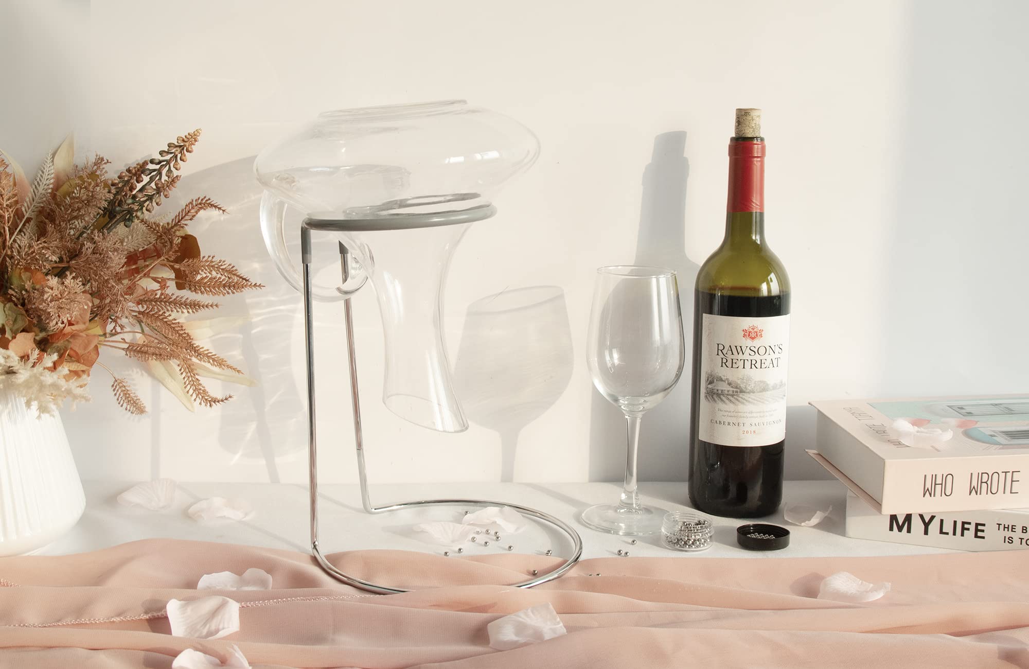 QPIX DIGITAL wine decanter drying stand side view showing sturdy stainless steel frame
