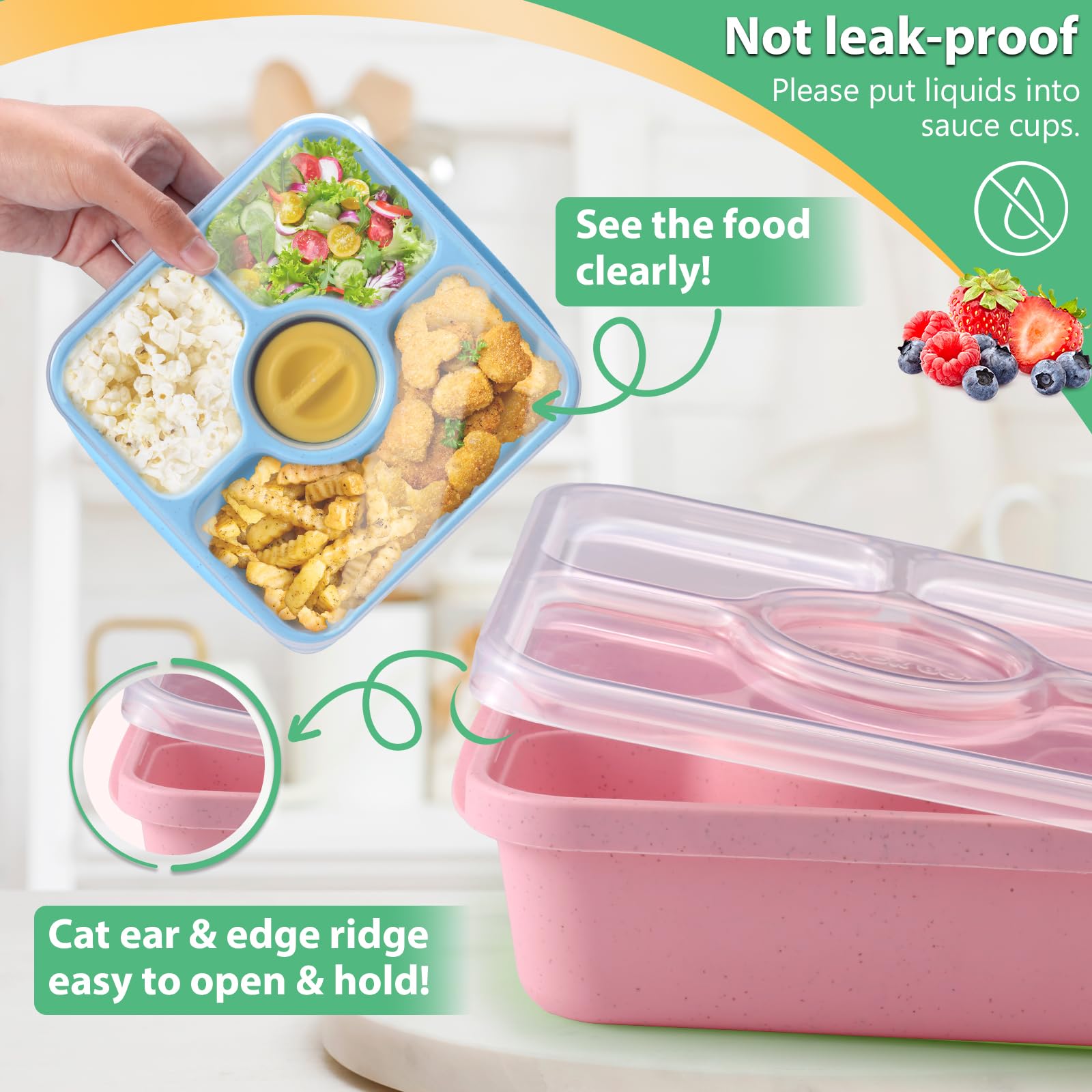 QQKO Bento Box with sauce cups for dips and toppings on the go