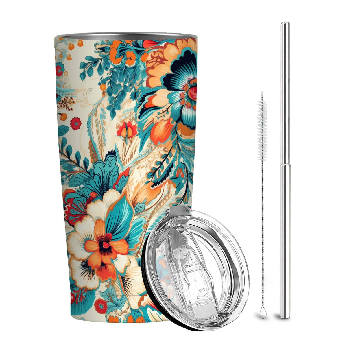QruKinx Floral Tumbler 20oz with lid for on-the-go drinks.