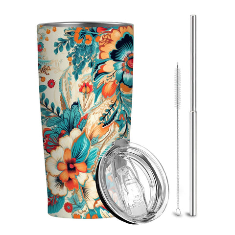 QruKinx Floral Tumbler 20oz with lid for on-the-go drinks.