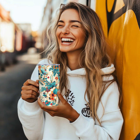 QruKinx Floral Tumbler perfect for coffee, tea, or iced beverages.