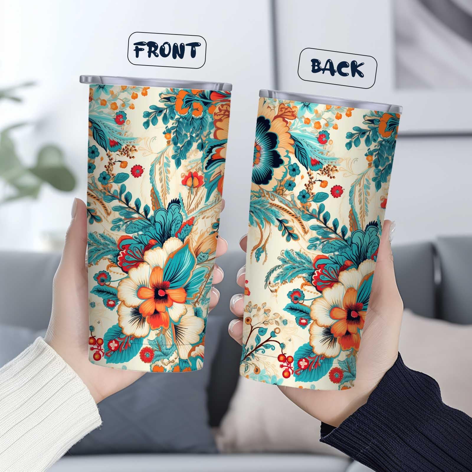 QruKinx Floral Tumbler leak-proof lid prevents spills on travel.