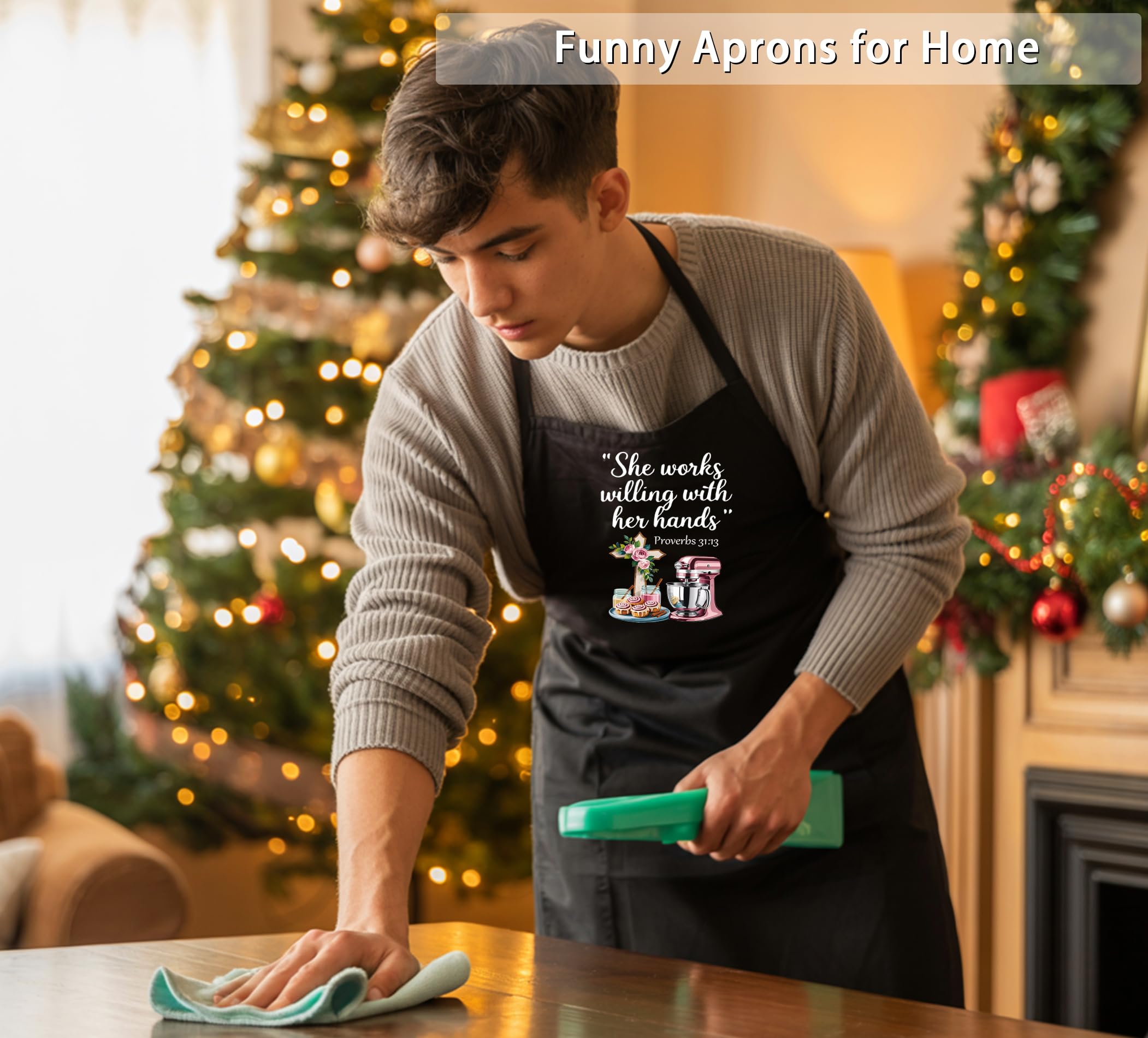 QSLEUNG Christian apron with Proverbs 31:13 design, stylish and meaningful