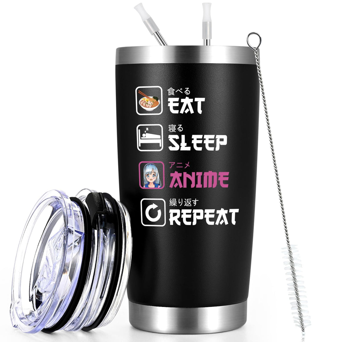 Qtencas anime travel tumbler with lid and straw for hot beverages on the go.