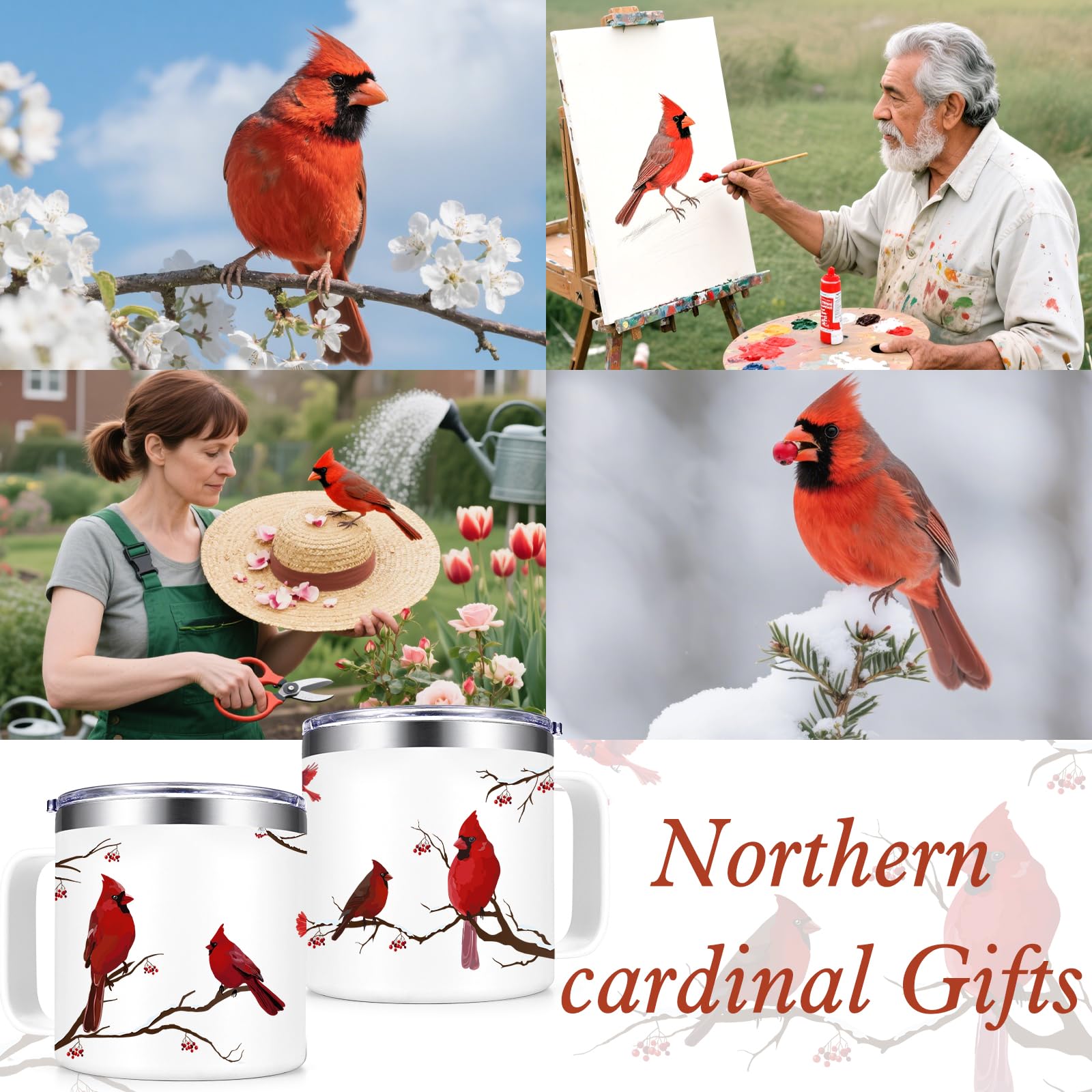 Qtencas Cardinal Gifts winter table scene mug; festive white with red cardinal.
