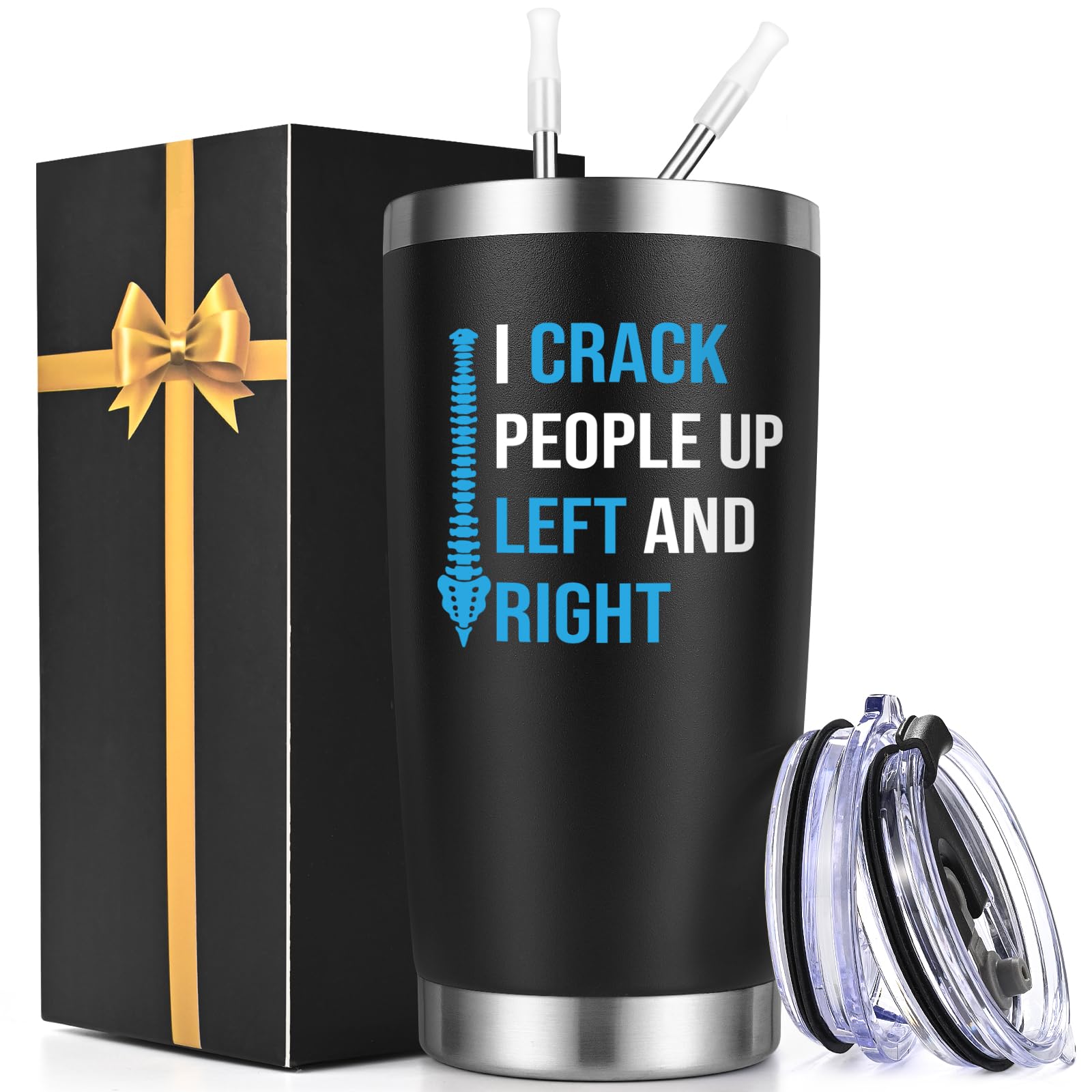 Qtencas chiropractor gift tumbler black front view keeps drinks hot or cold on the go