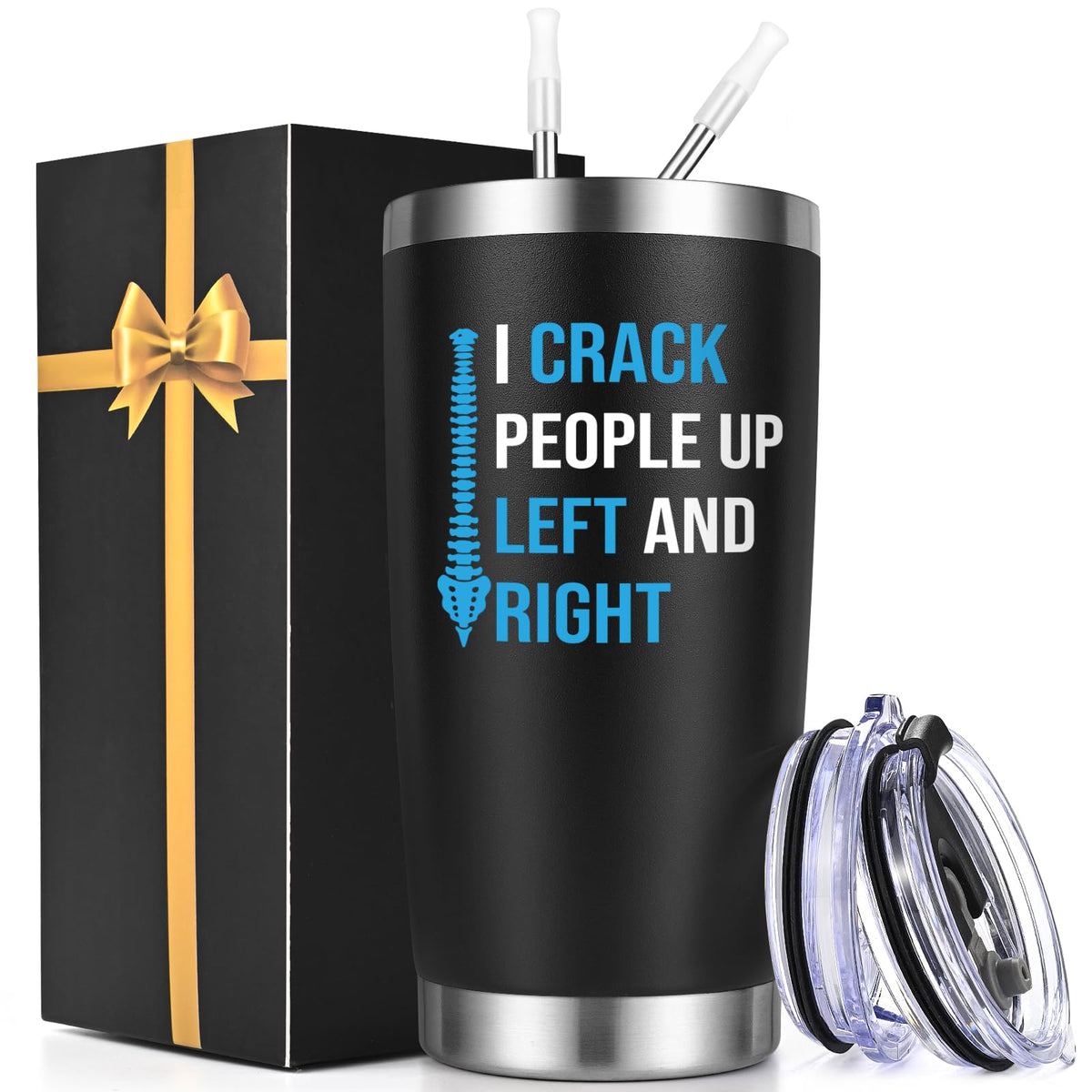 Qtencas chiropractor gift tumbler black front view keeps drinks hot or cold on the go