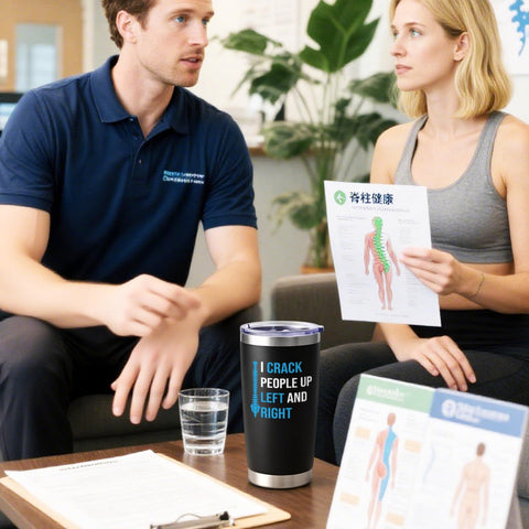 Office scene with tumbler encourages steady hydration during patient sessions