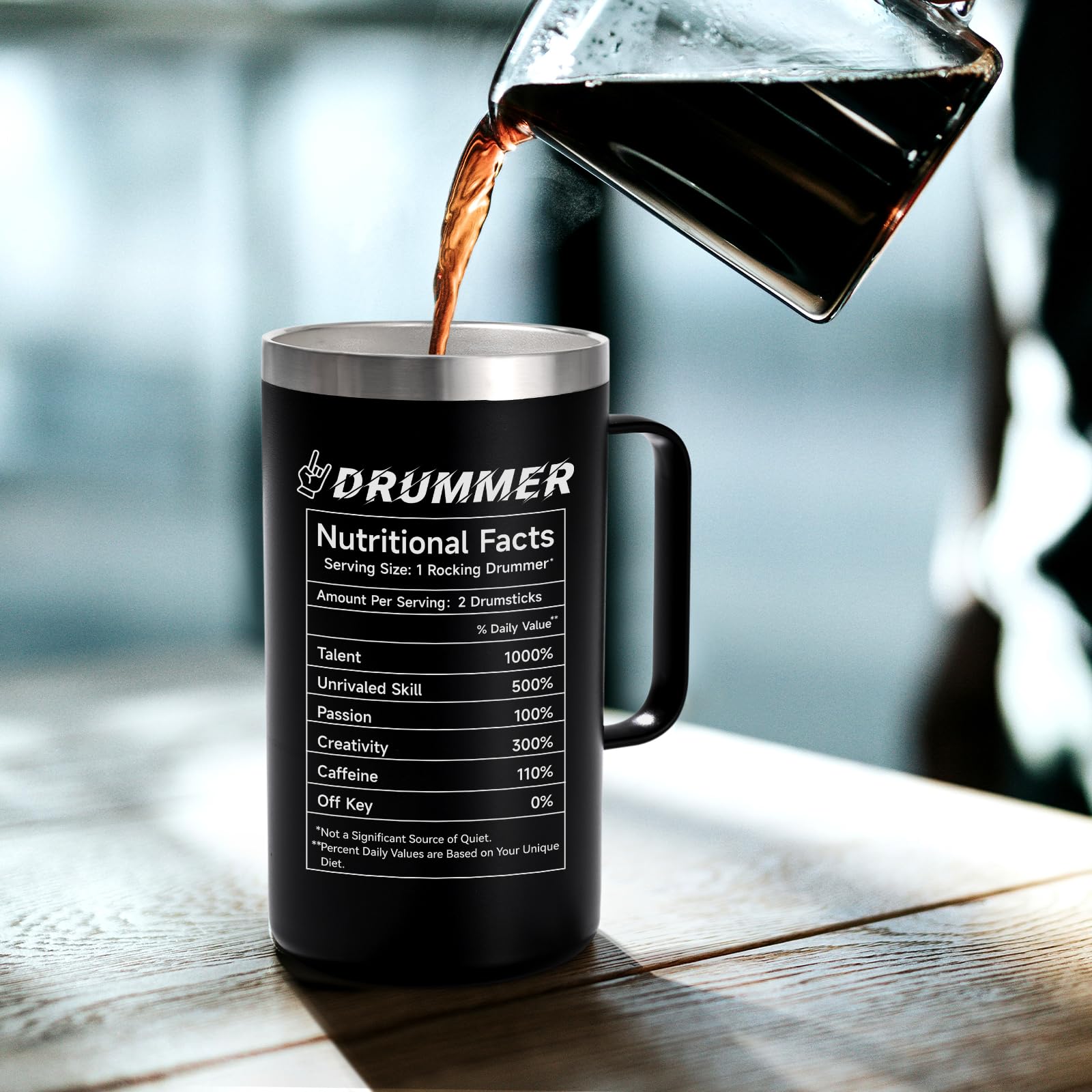 Qtencas Drummer Mug 20oz capacity ideal for coffee tea or hydration on stage