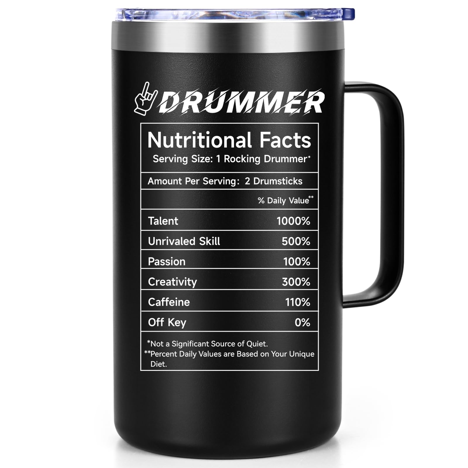 Qtencas Drummer Mug front view highlights the Nutritional Facts design for rhythm lovers