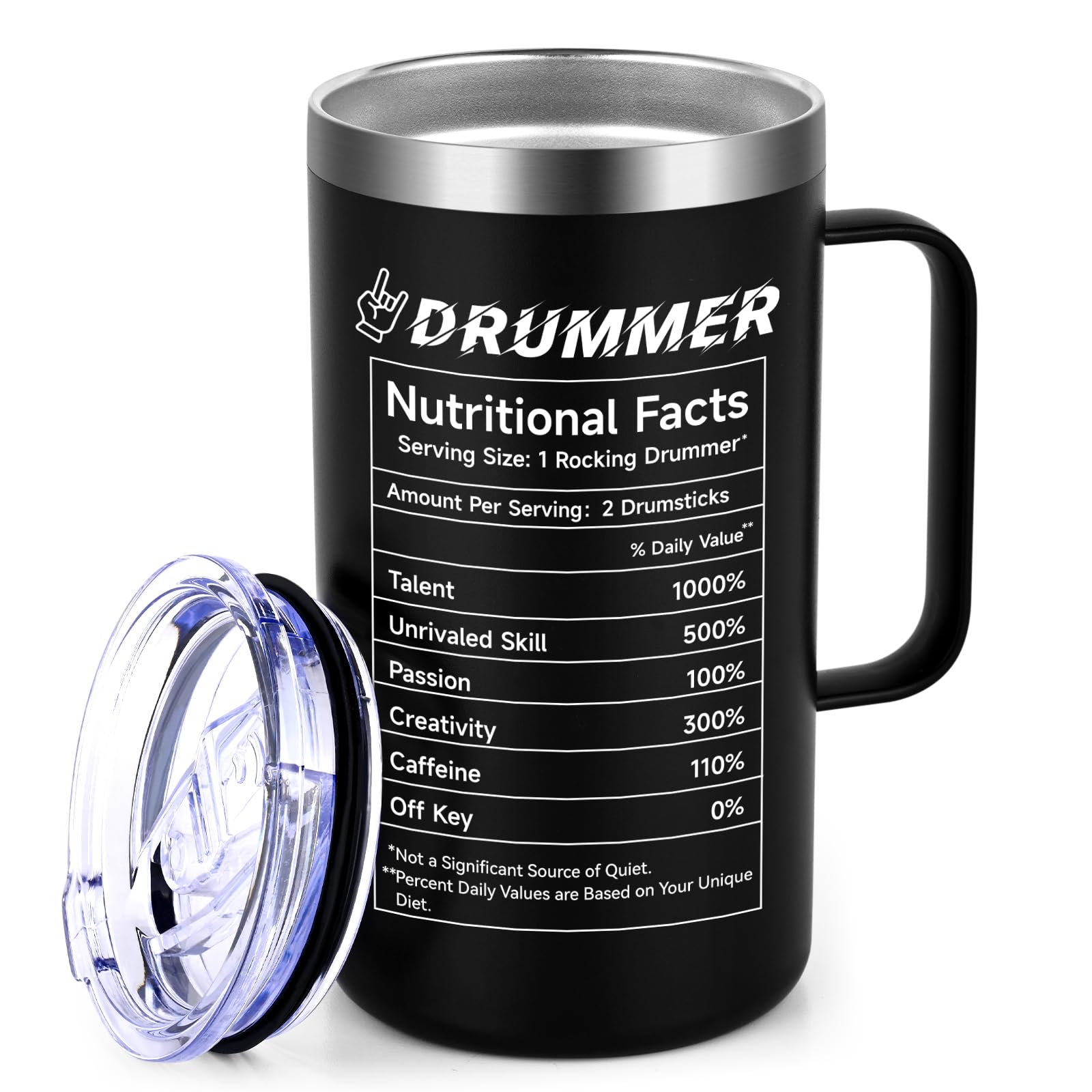 Qtencas Drummer Mug with lid on demonstrates leak-free convenience for on the go gigs