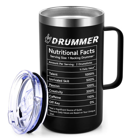 Qtencas Drummer Mug with lid on demonstrates leak-free convenience for on the go gigs