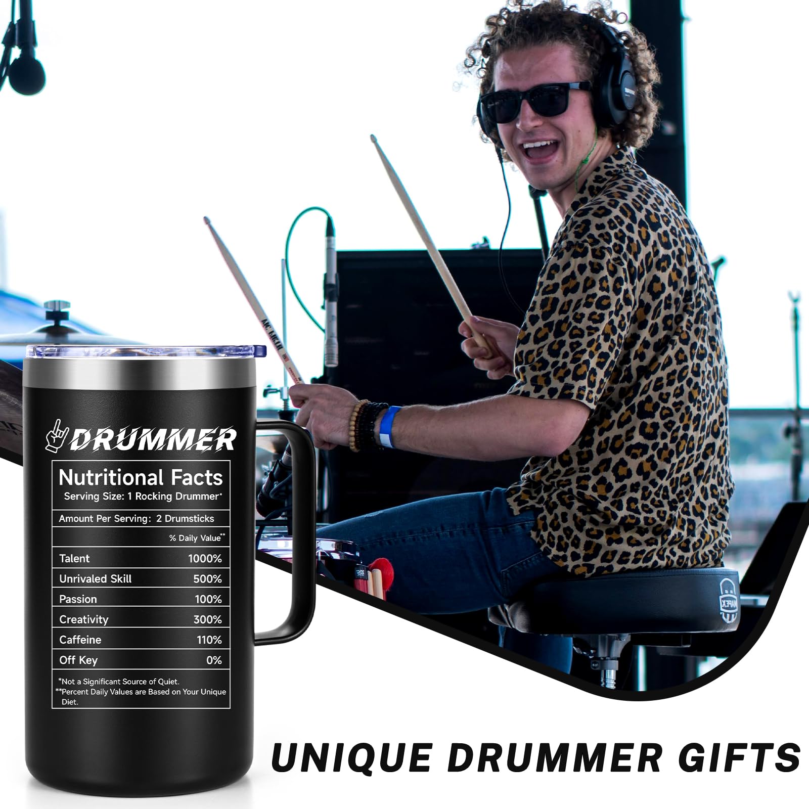 Qtencas Drummer Mug Nutritional Facts design conveys playful vibe during studio sessions