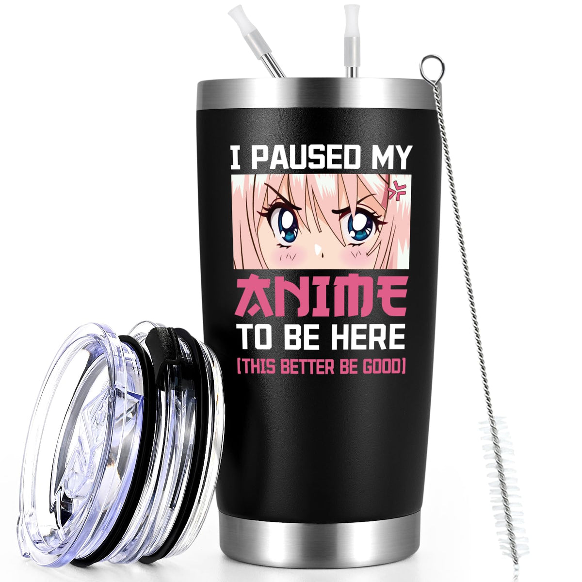 Qtencas i paused anime design 20oz travel tumbler keeps drinks hot or cold during sessions.